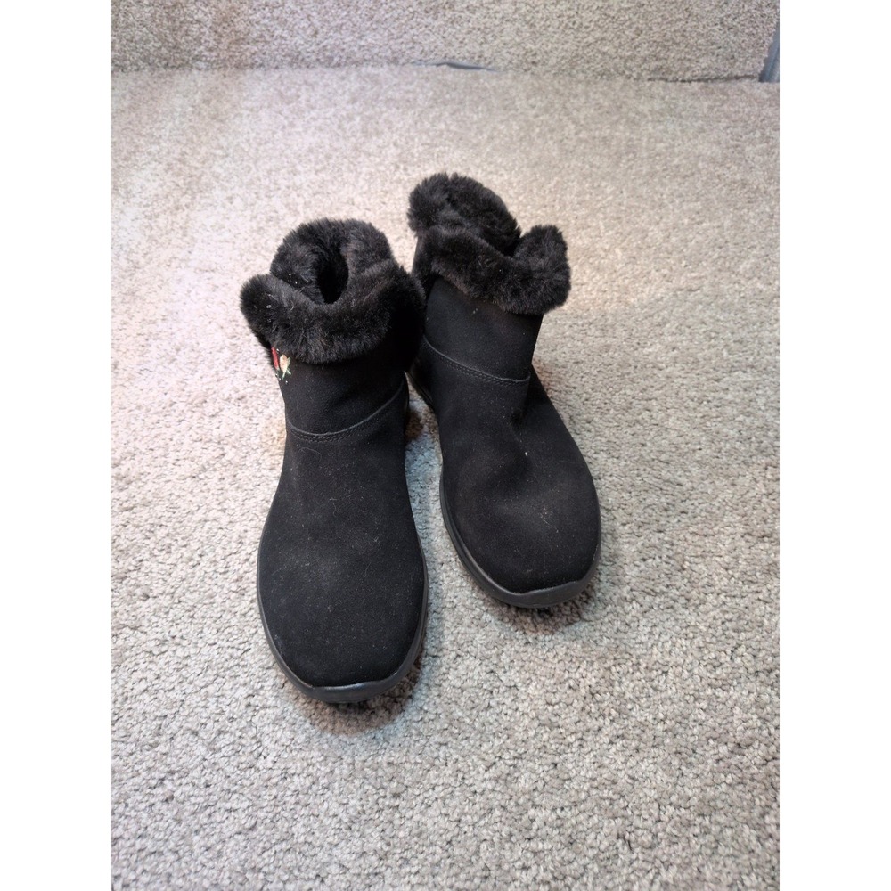Skechers On The GO Joy 16607 Suede Ankle Boots Black Faux Fur Embroidered Sz 9.5